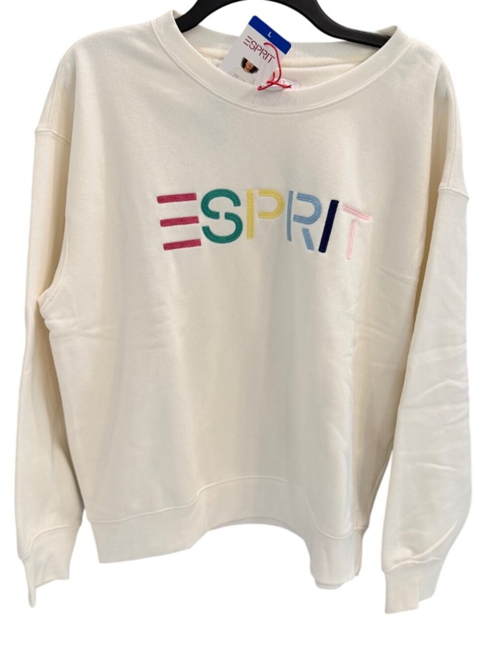 Esprit Large GEN X Cream Crewneck Sweatshirt Logo Embroidery Multi Color NWt